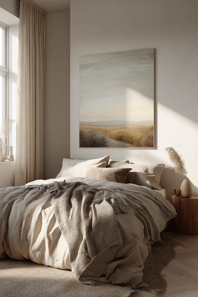 A serene bedroom where well-sized wall art creates a calm and restful atmosphere.