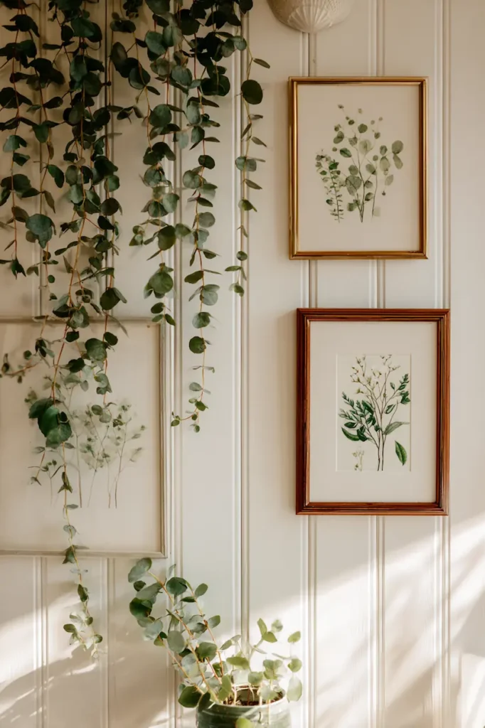 A farmhouse wall enhanced with natural greenery that softly brings the outdoors inside.