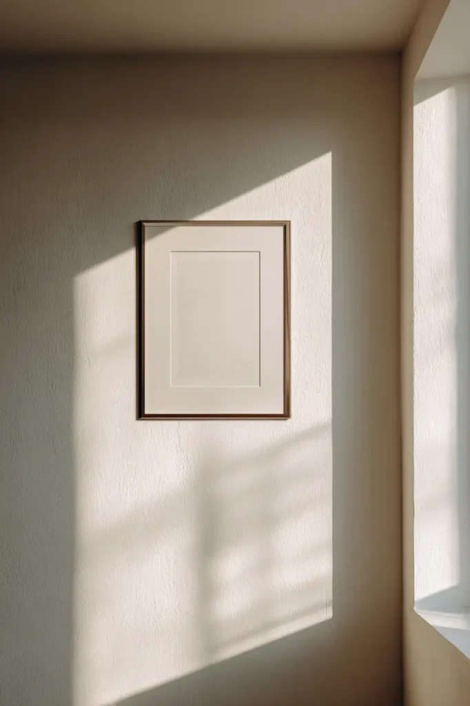 A single framed poster centered on a quiet wall, creating a strong visual anchor in the room.