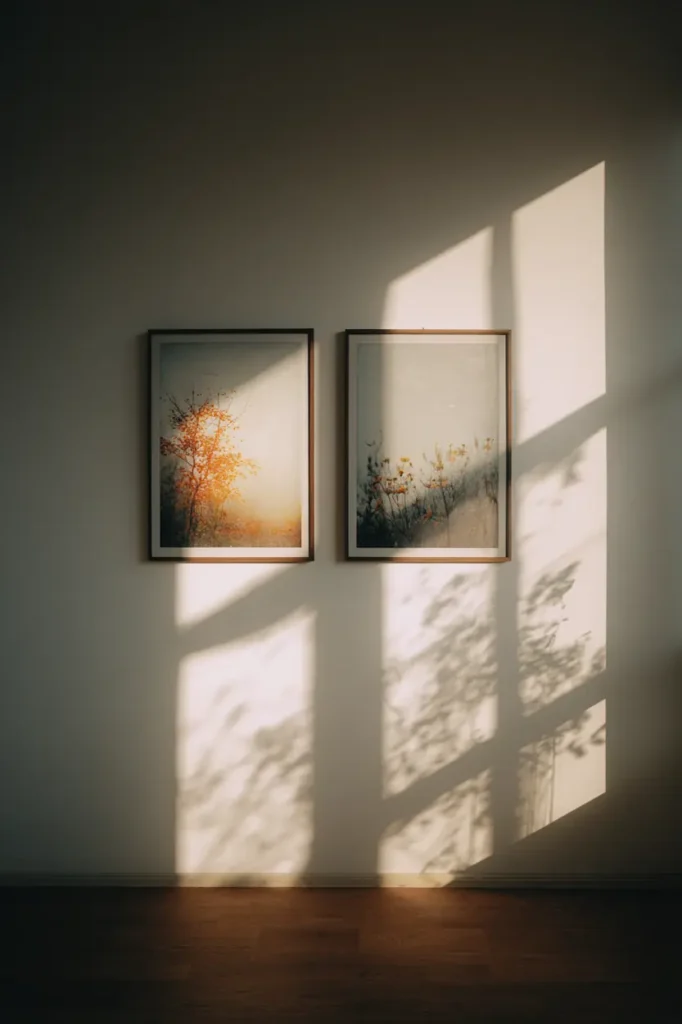 Two posters arranged asymmetrically on a wall, creating balance without strict symmetry.