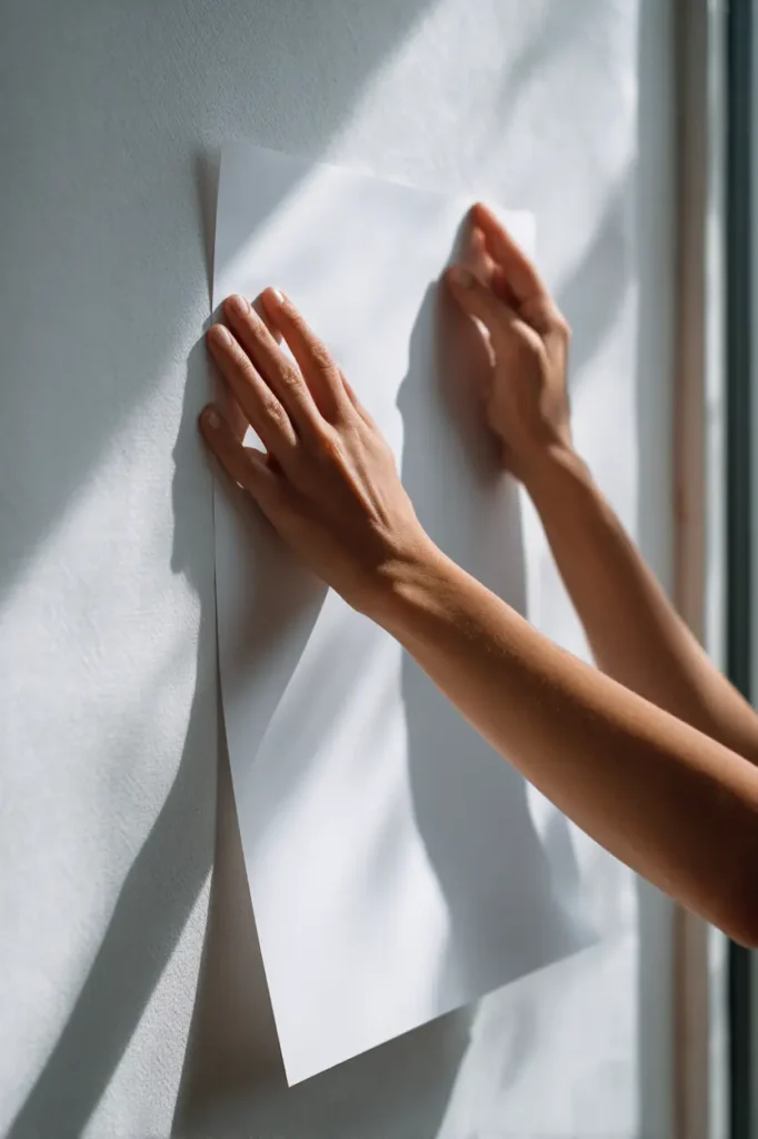 Hands placing printable wall art on a bright, minimal wall.