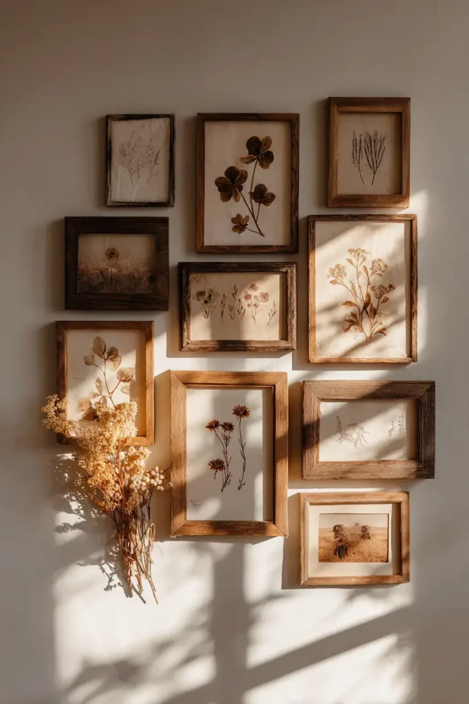 A farmhouse gallery wall with mixed frames and artwork that feels personal and naturally collected.
