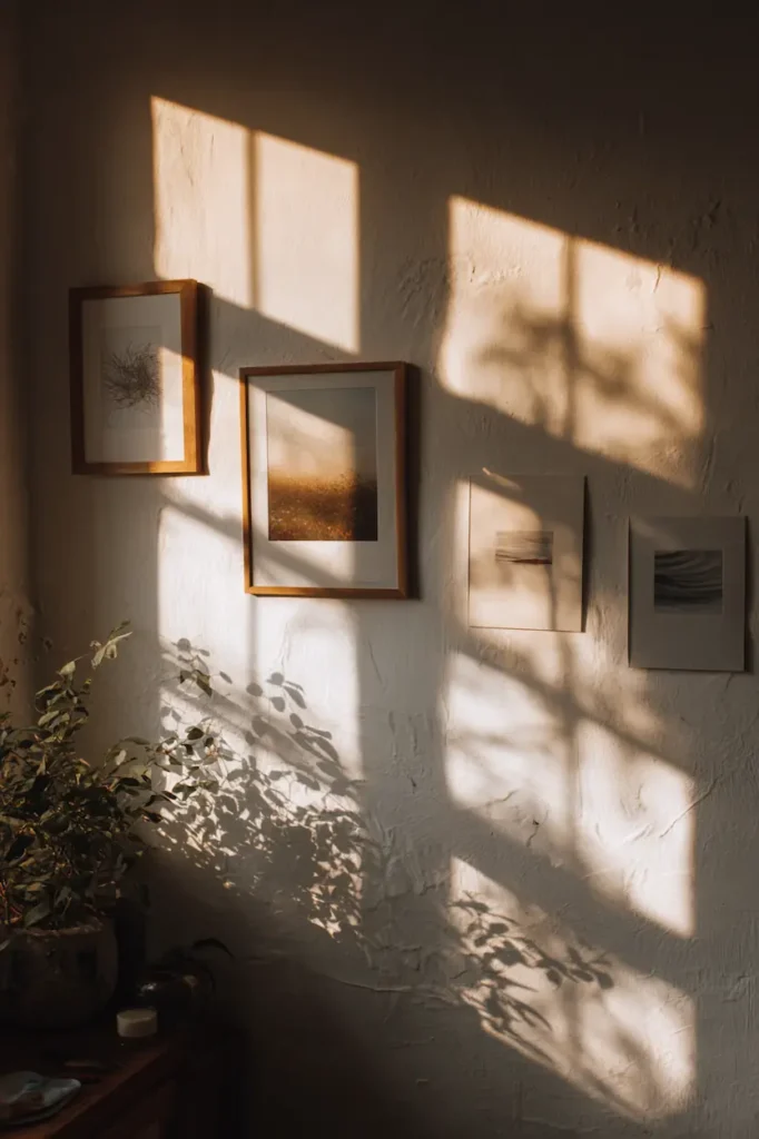 Printable wall art reflecting personal taste in a warm, lived-in interior.
