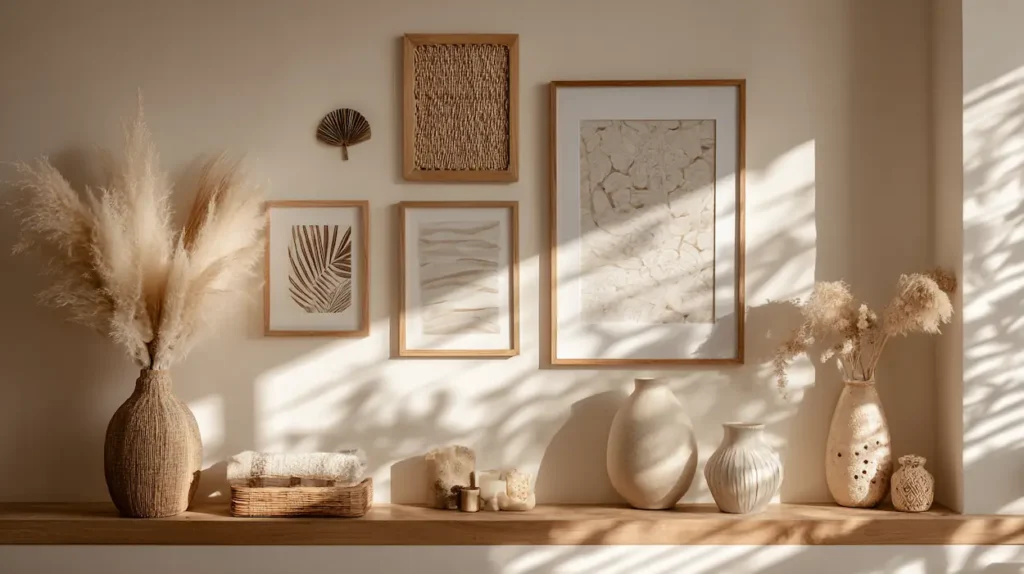 A cozy boho wall creating a calm and comforting visual refuge in a softly lit interior.