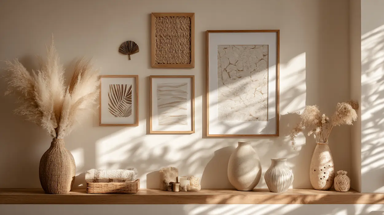 A cozy boho wall creating a calm and comforting visual refuge in a softly lit interior.