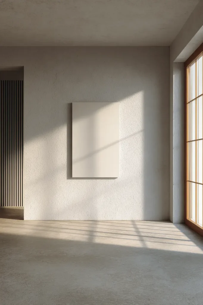 A minimalist interior wall where a single artwork brings balance and visual calm.