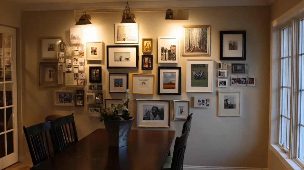 A softly lit interior wall transformed by a balanced gallery of framed art and personal images.