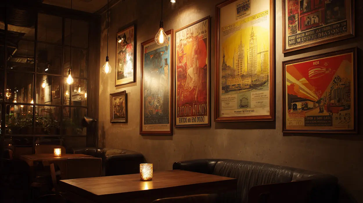A softly lit interior wall decorated with vintage posters creating a nostalgic and warm atmosphere.