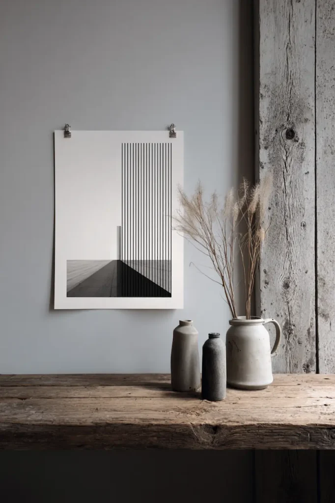 A minimalist interior wall with a single home-printed black and white artwork, softly lit and quietly expressive.