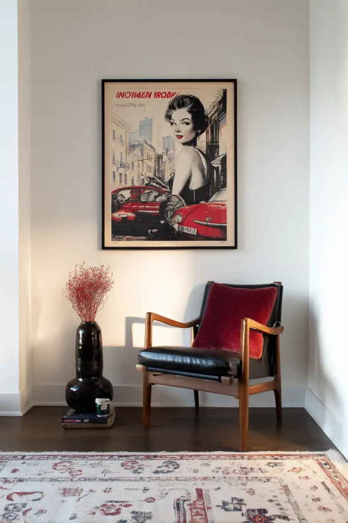 A quiet interior wall transformed by a single vintage poster creating an emotional focal point.