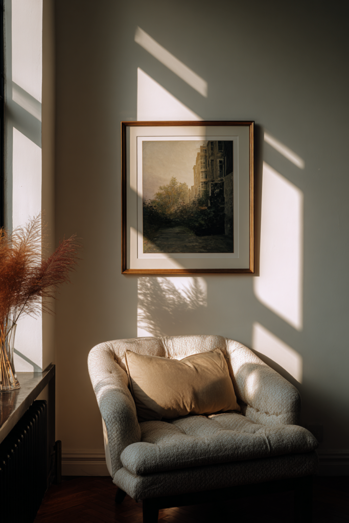 A framed poster wall that feels expressive and full of quiet personality.