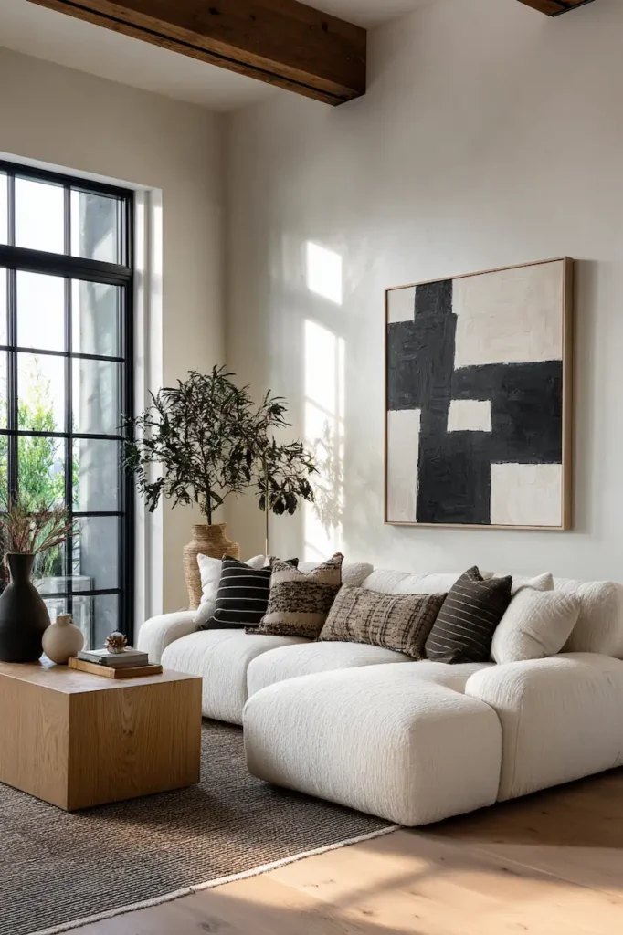 A wide wall anchored by large wall art that brings confidence and visual clarity.