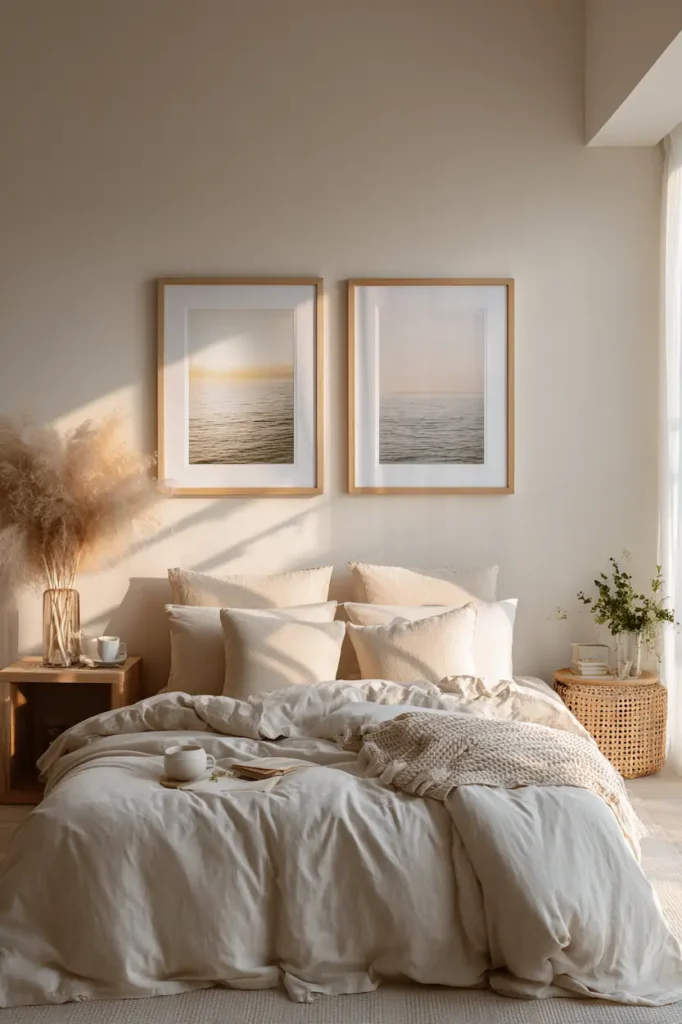 A calm bedroom with minimalist wall art that enhances relaxation and visual softness.