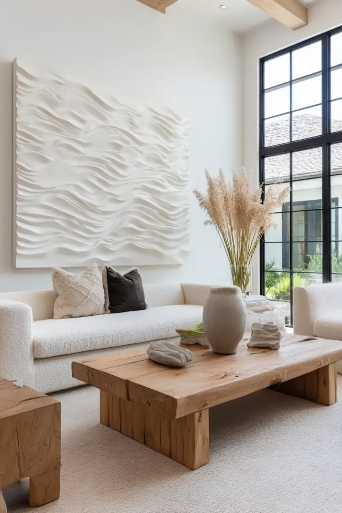Abstract wave wall art in a modern living room, turning the wall into a calm interior landscape.