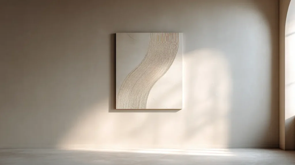 A minimalist interior wall with a single abstract artwork, softly lit by natural daylight, creating a calm and peaceful atmosphere.