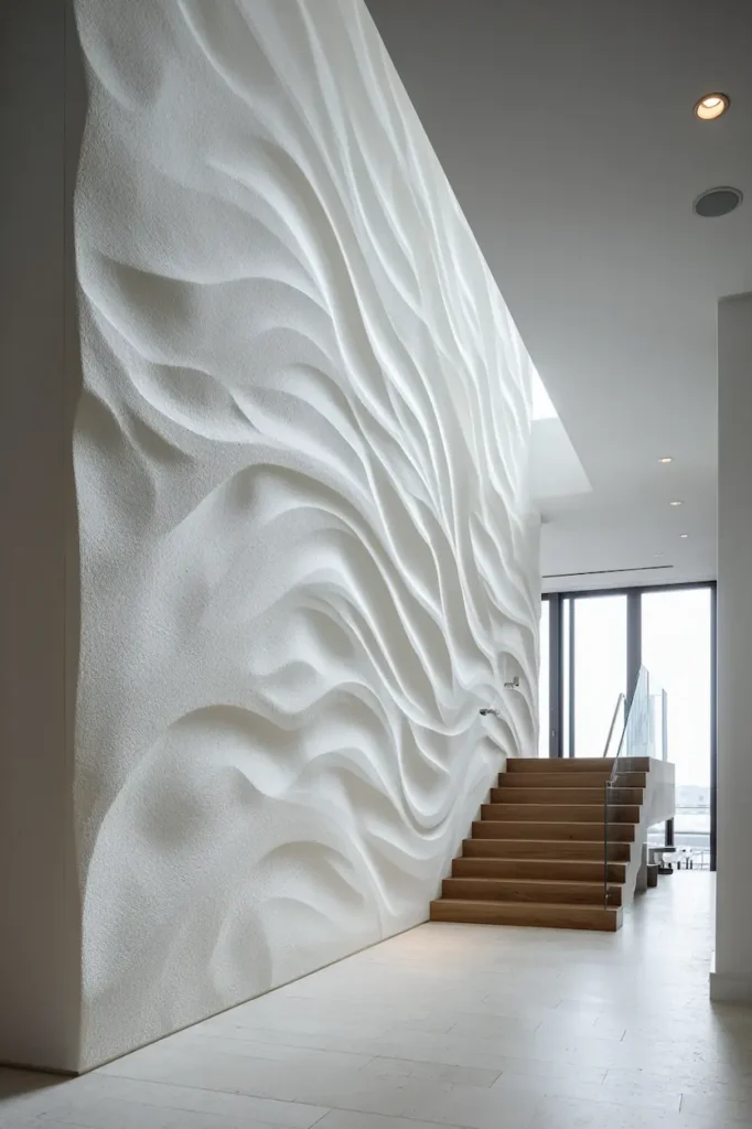 Timeless white abstract wave wall art integrated into a modern interior as a lasting presence.