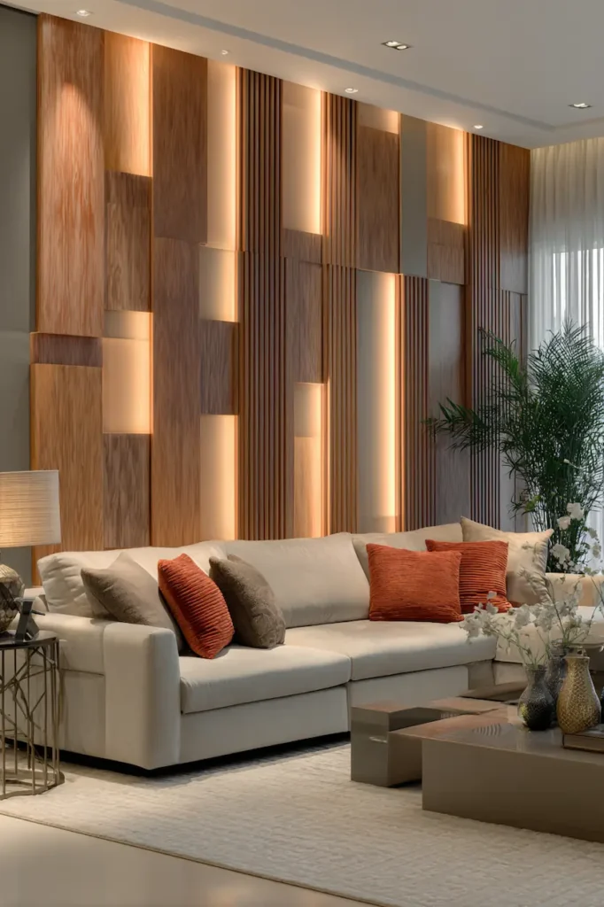 Accent wall adding texture and depth to living room wall decor.