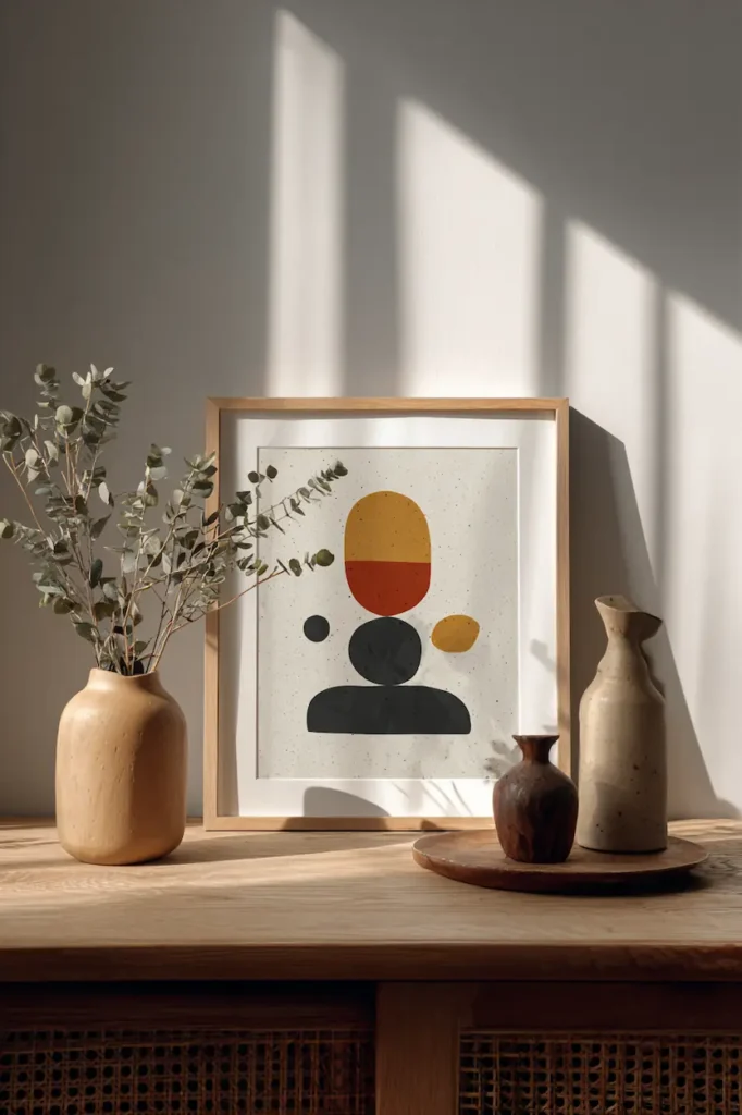 A thoughtfully selected minimal art print displayed on a calm interior wall with soft natural light.