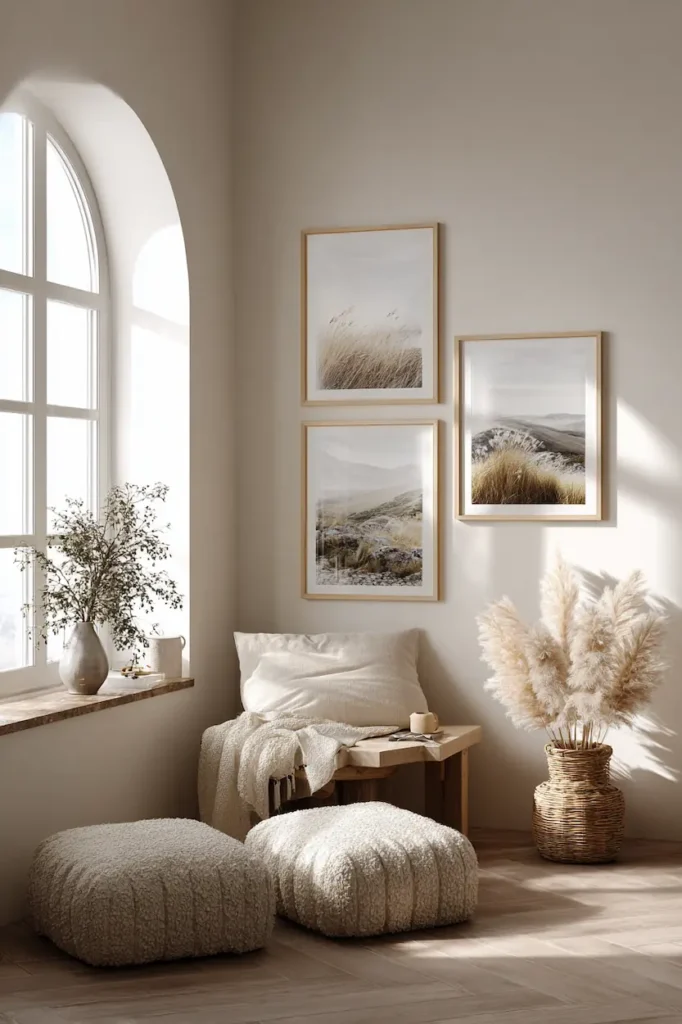 The same printable wall art displayed in multiple sizes within a calm interior setting.