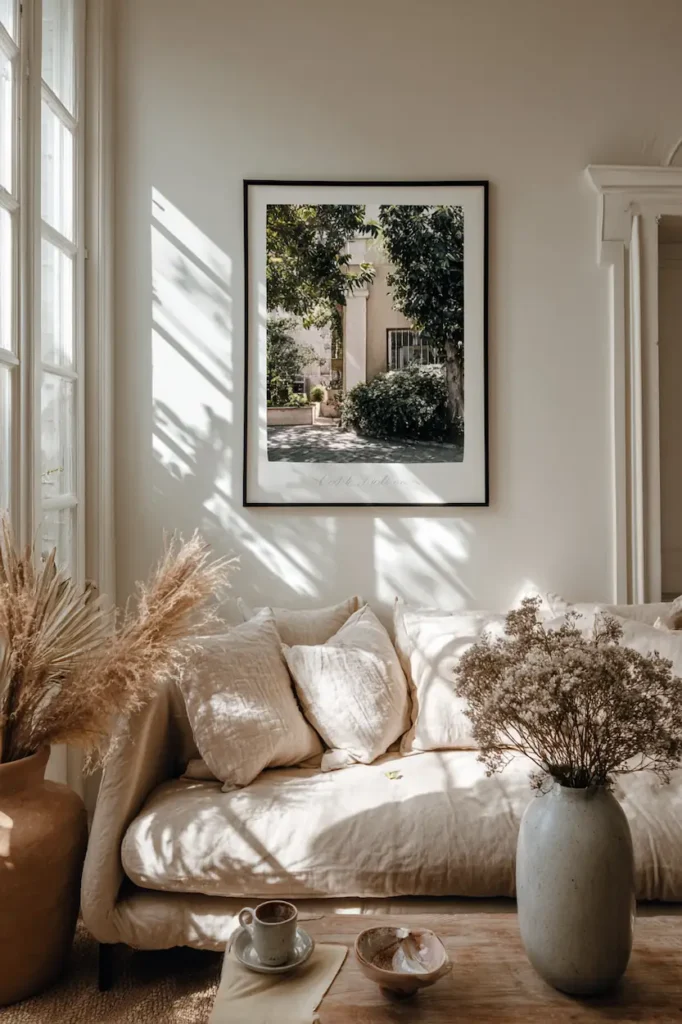 A framed poster positioned at eye level, creating a natural connection with the viewer.