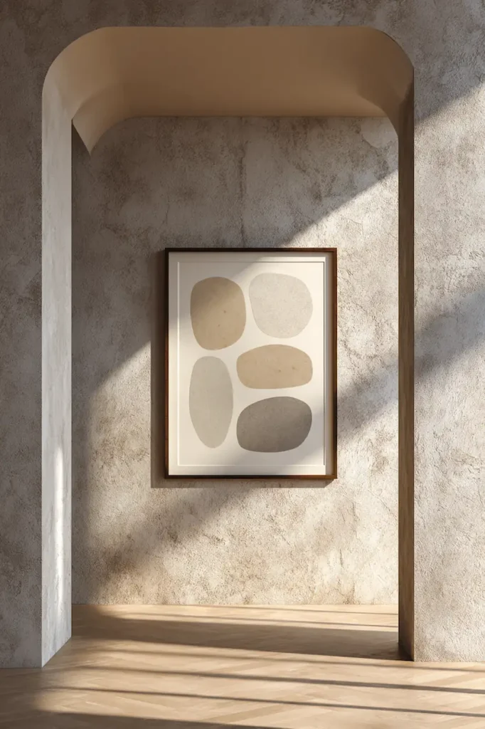 Minimalist abstract wall art in neutral tones that creates a soothing and relaxed atmosphere in the room.