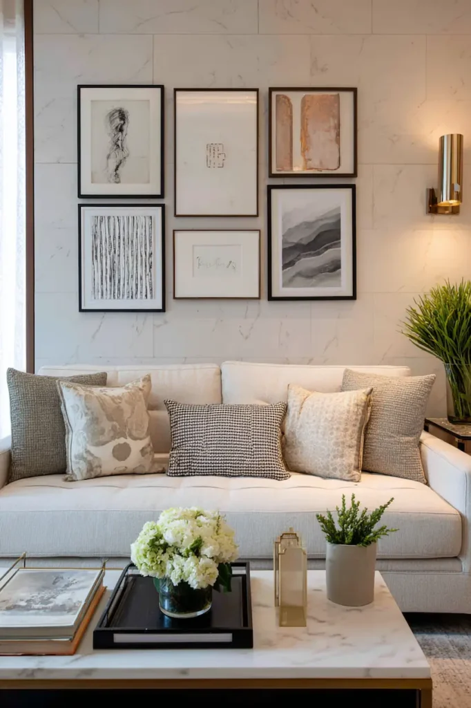 Balanced wall decor layout creating harmony in a living room.