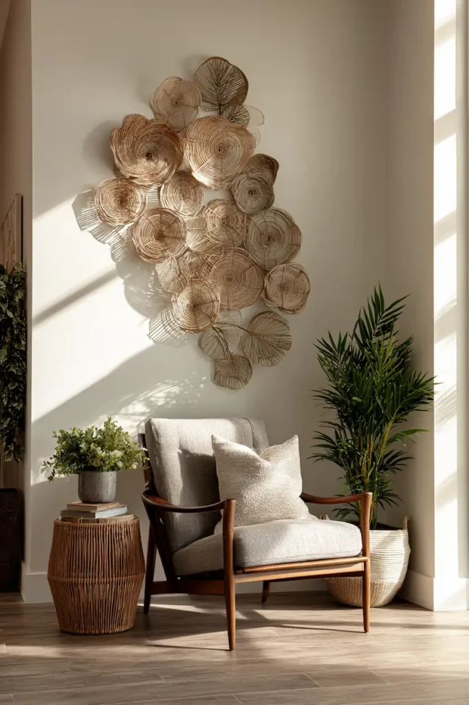 An asymmetrical wall decor composition creating visual harmony in a modern interior.
