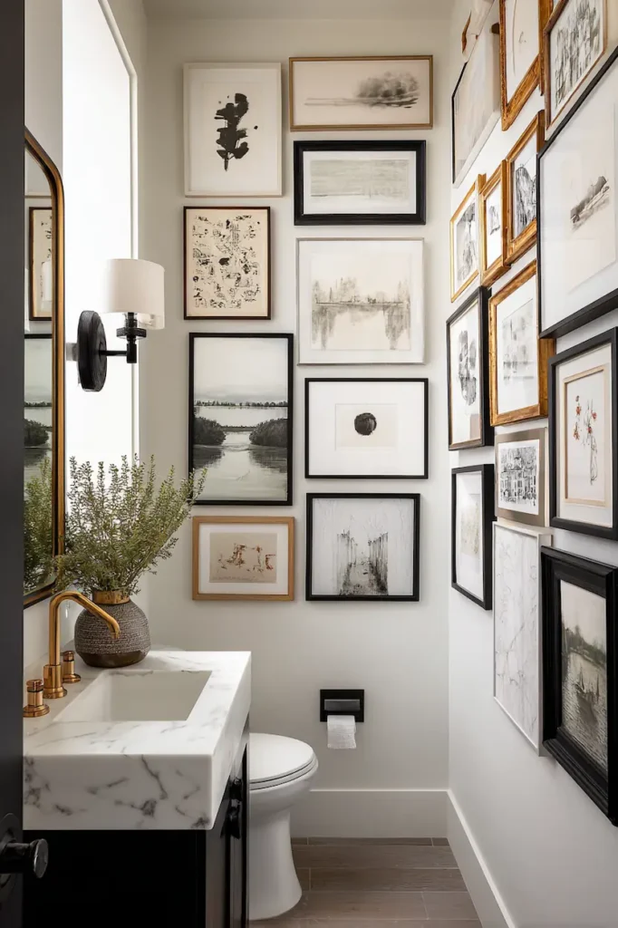 Gallery wall bathroom wall decor ideas.