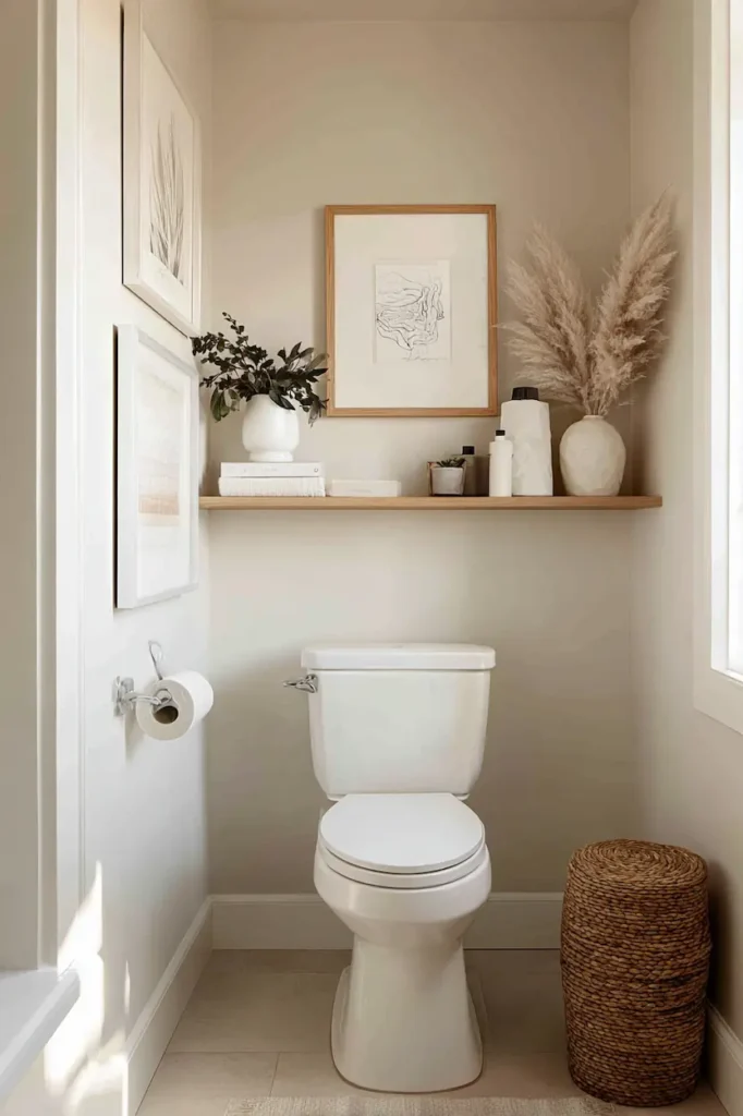 bathroom wall decor above the toilet with framed art and simple layout