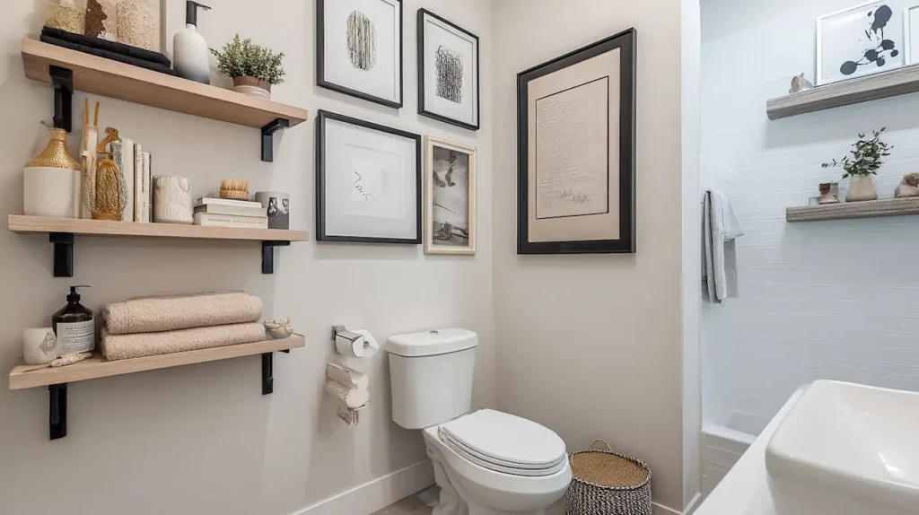 Bathroom wall decor ideas with shelves and modern wall art.