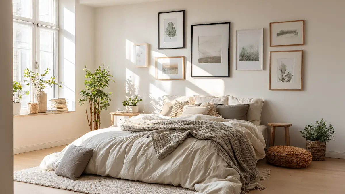 A cozy modern bedroom featuring stylish wall decor ideas that transform a blank wall into a focal point.