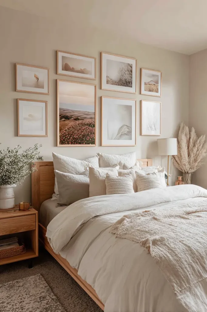 Cozy bedroom gallery wall with soft colors and light frames above the bed.