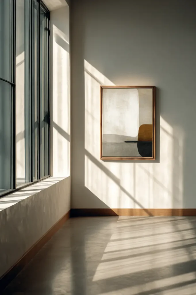 Minimal abstract wall art creating balance between empty space and visual presence.