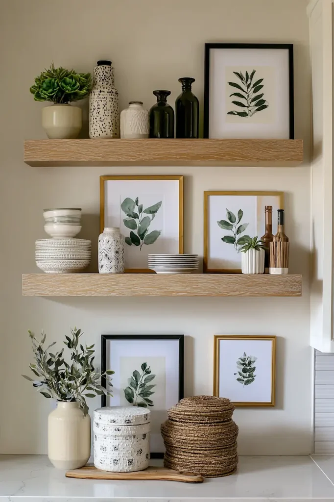 Affordable kitchen wall decor using DIY shelves and simple artwork.