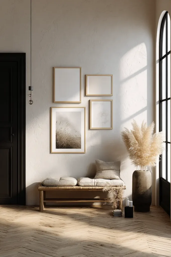 A simple poster wall that feels natural and adaptable in a calm interior space.