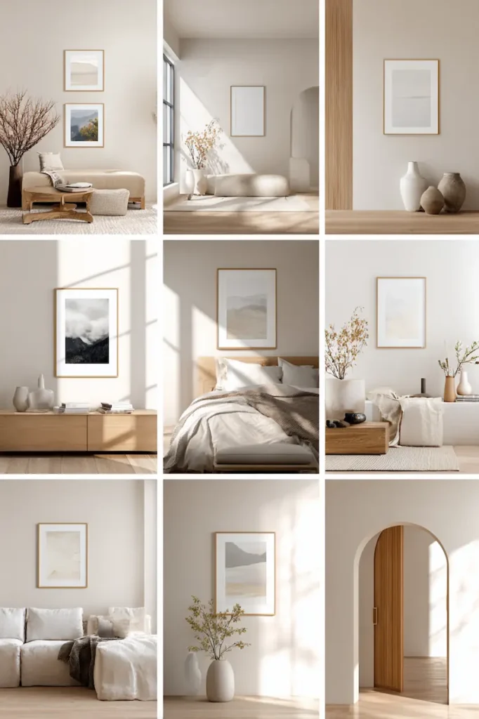 Minimalist wall art integrated into different rooms, creating harmony and calm throughout the home.