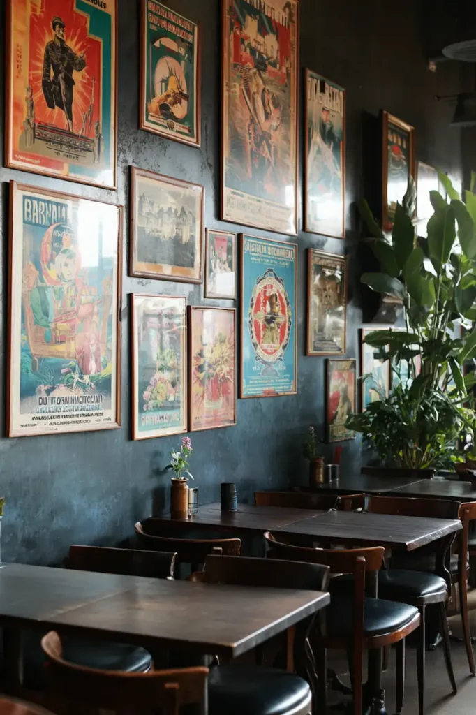 An interior wall with vintage posters selected for feeling rather than historical period.
