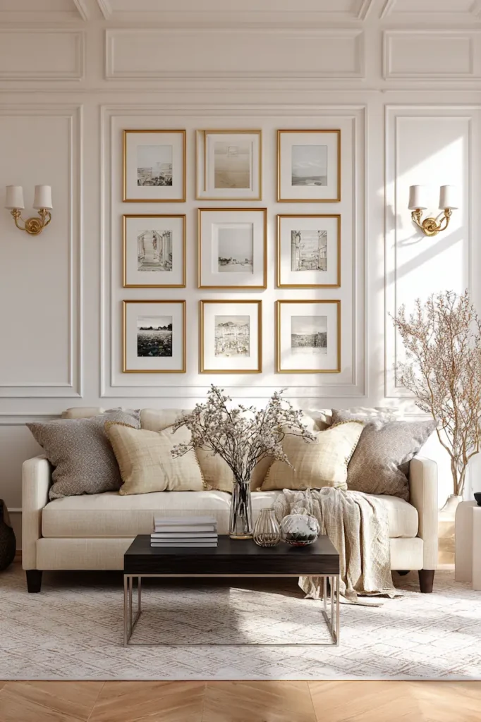 Classic gallery wall layout with symmetrical frames in a neutral living room.