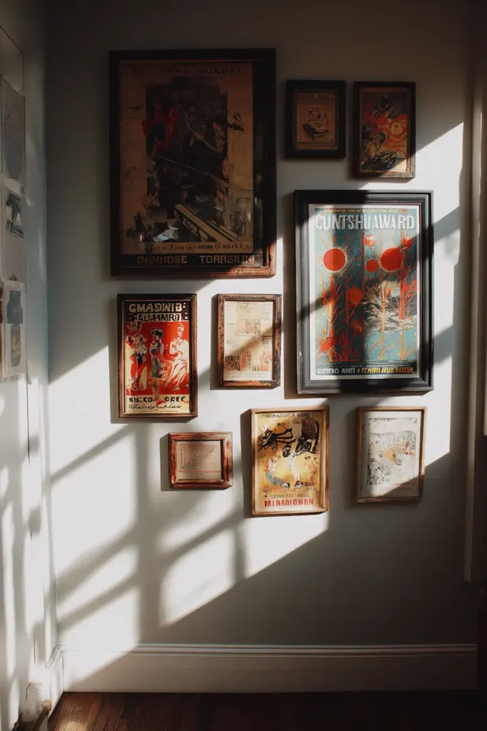 A vintage poster gallery wall that feels natural and collected rather than designed.