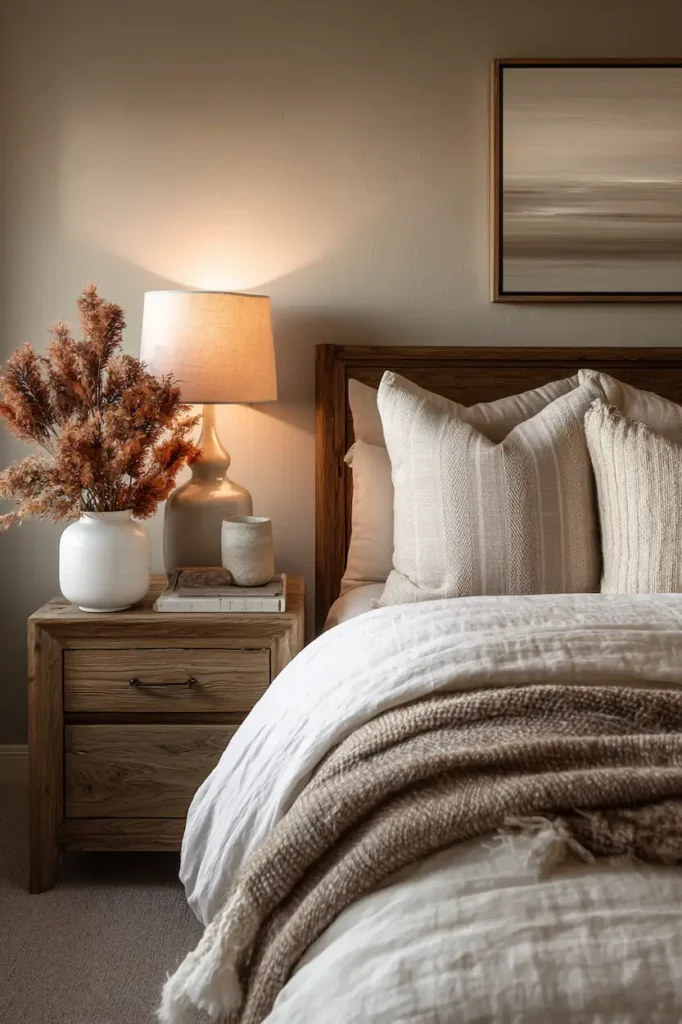 Cozy bedroom atmosphere created with warm and inviting wall decor ideas.