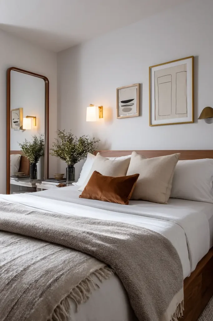 Bedroom wall opposite the bed decorated with a mirror and minimalist wall decor.