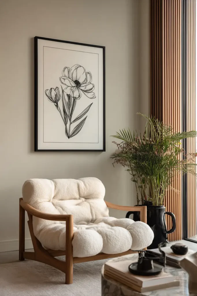 Printable wall art integrated into a calm and thoughtfully designed interior.