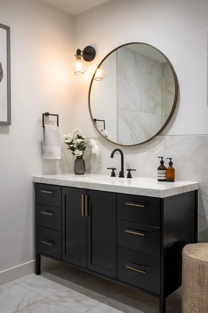 Decorative mirrors as bathroom wall decor ideas.