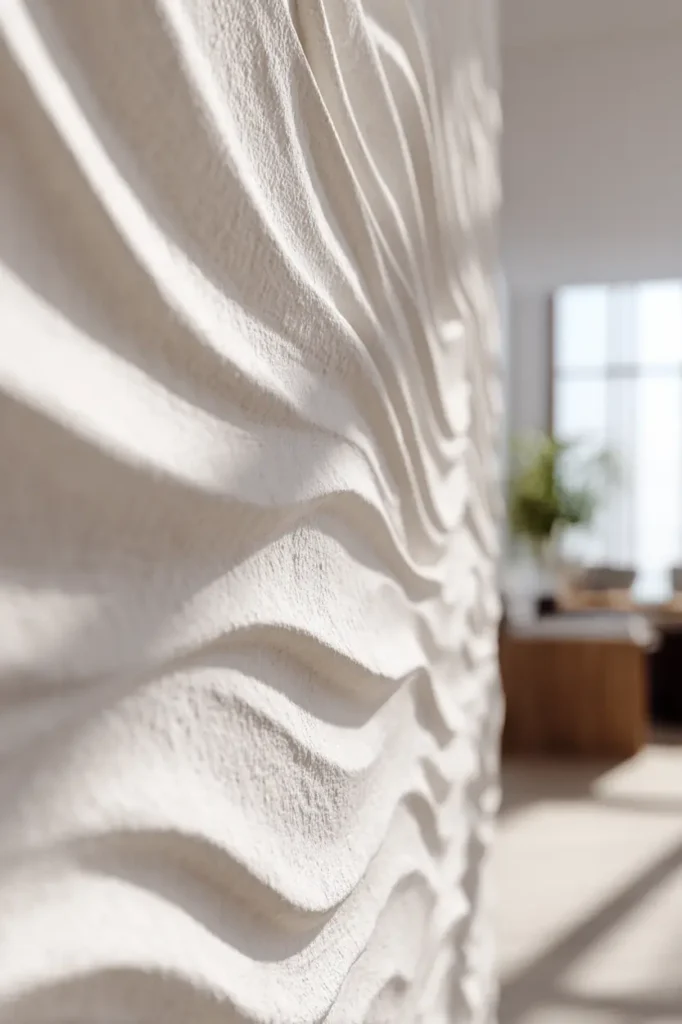 White abstract wave wall art adding subtle depth and calm without visual clutter.
