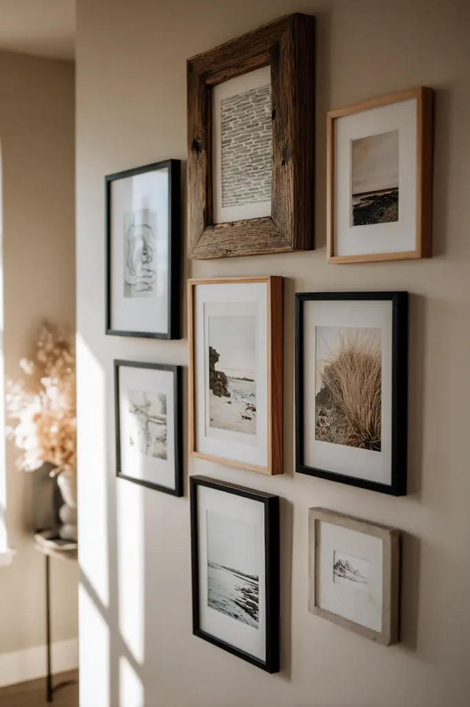 A gallery wall mixing frame styles while maintaining a calm and cohesive mood.