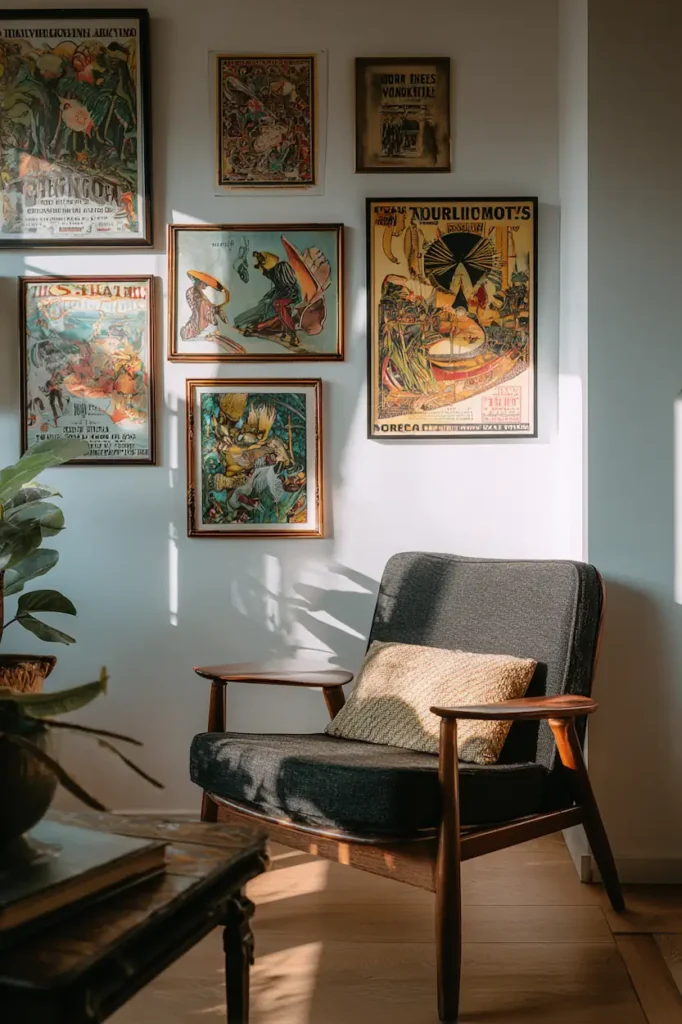 Vintage posters bringing unique energy to different interior spaces.
