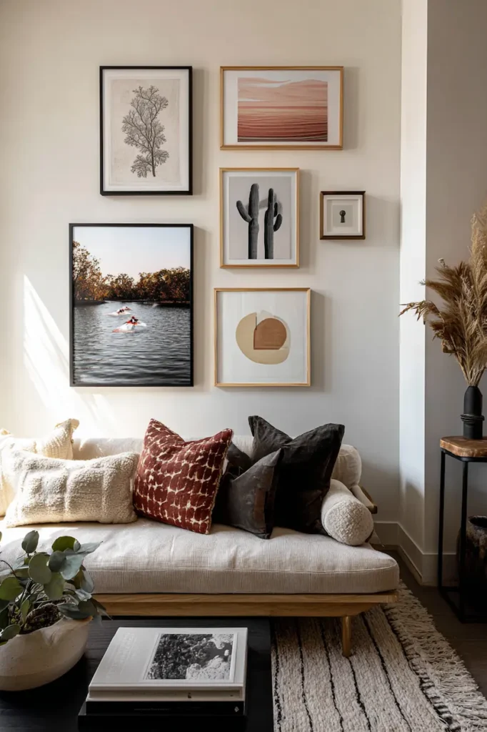 A mix of art prints and photos creating a calm visual dialogue.