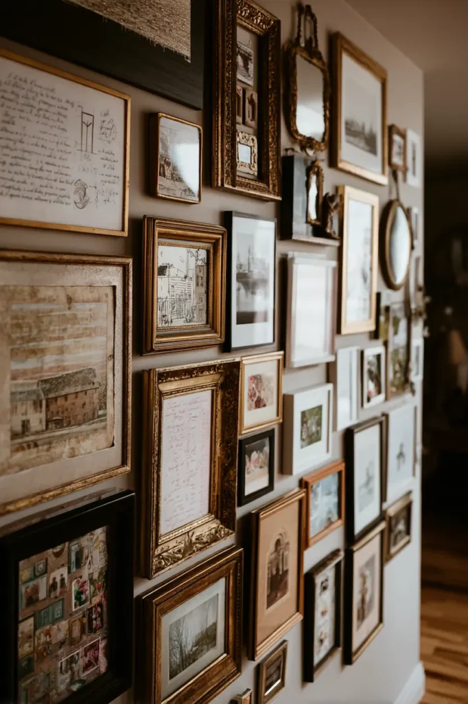 Eclectic gallery wall with mixed frames, art styles, and personal photos.