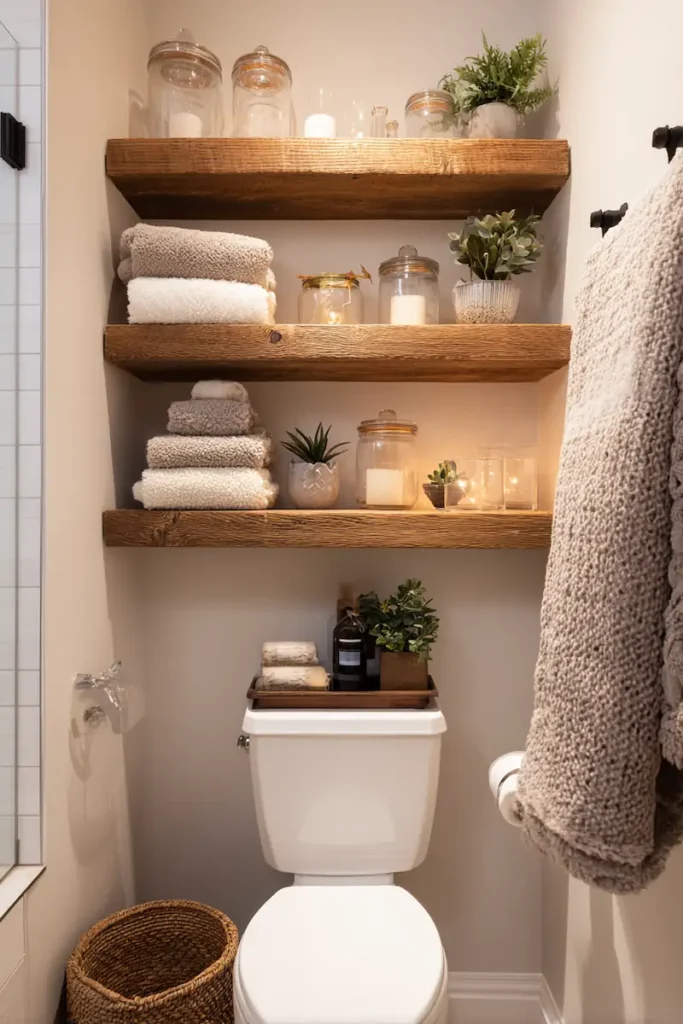 floating shelves above the toilet styled with towels and minimal decor