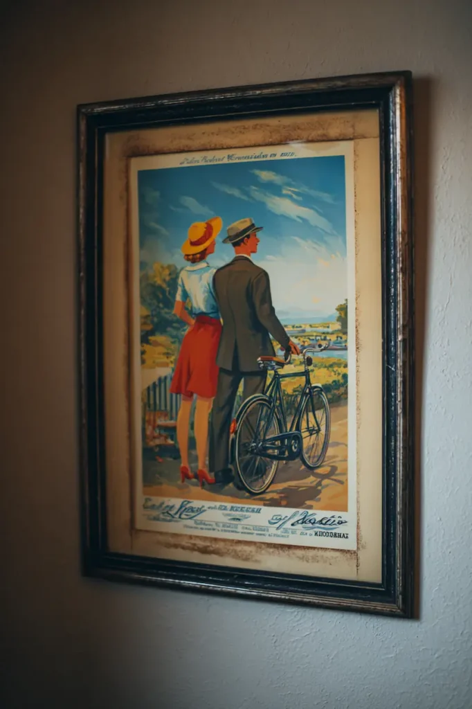 A vintage poster framed simply to respect its age and character.